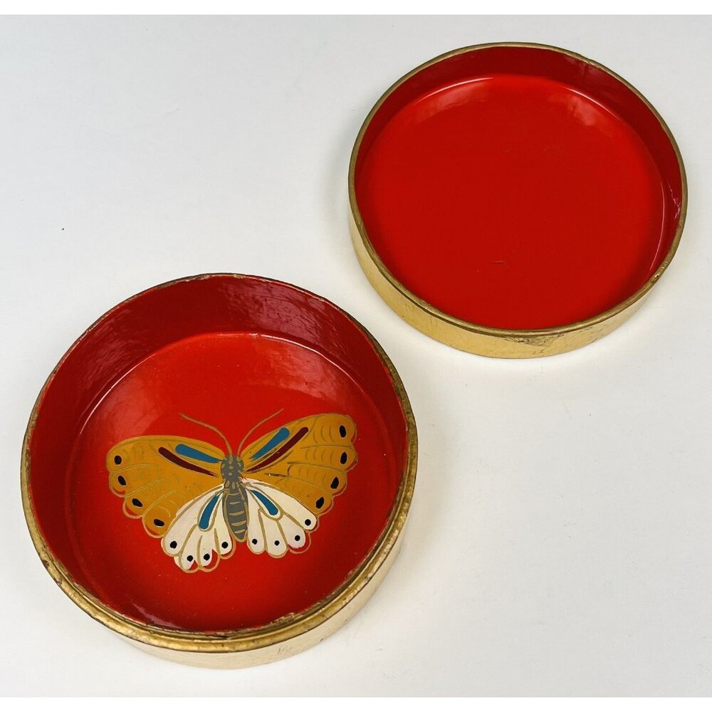 VTG 4" Round Gold Lidded TRINKET BOX w/ Handpainted Butterfly Interior Red EUC